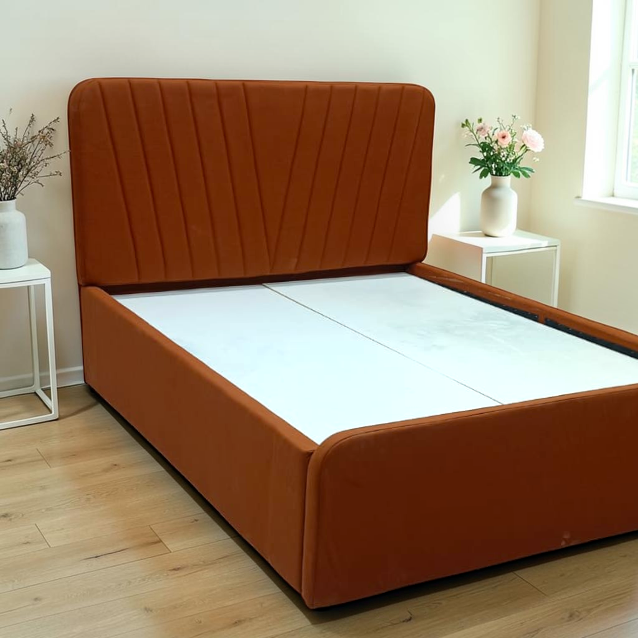 Reva upholstered platform bed in rust velvet, fan-channelled headboard, solid wood frame, Move-In Ready collection Hyderabad