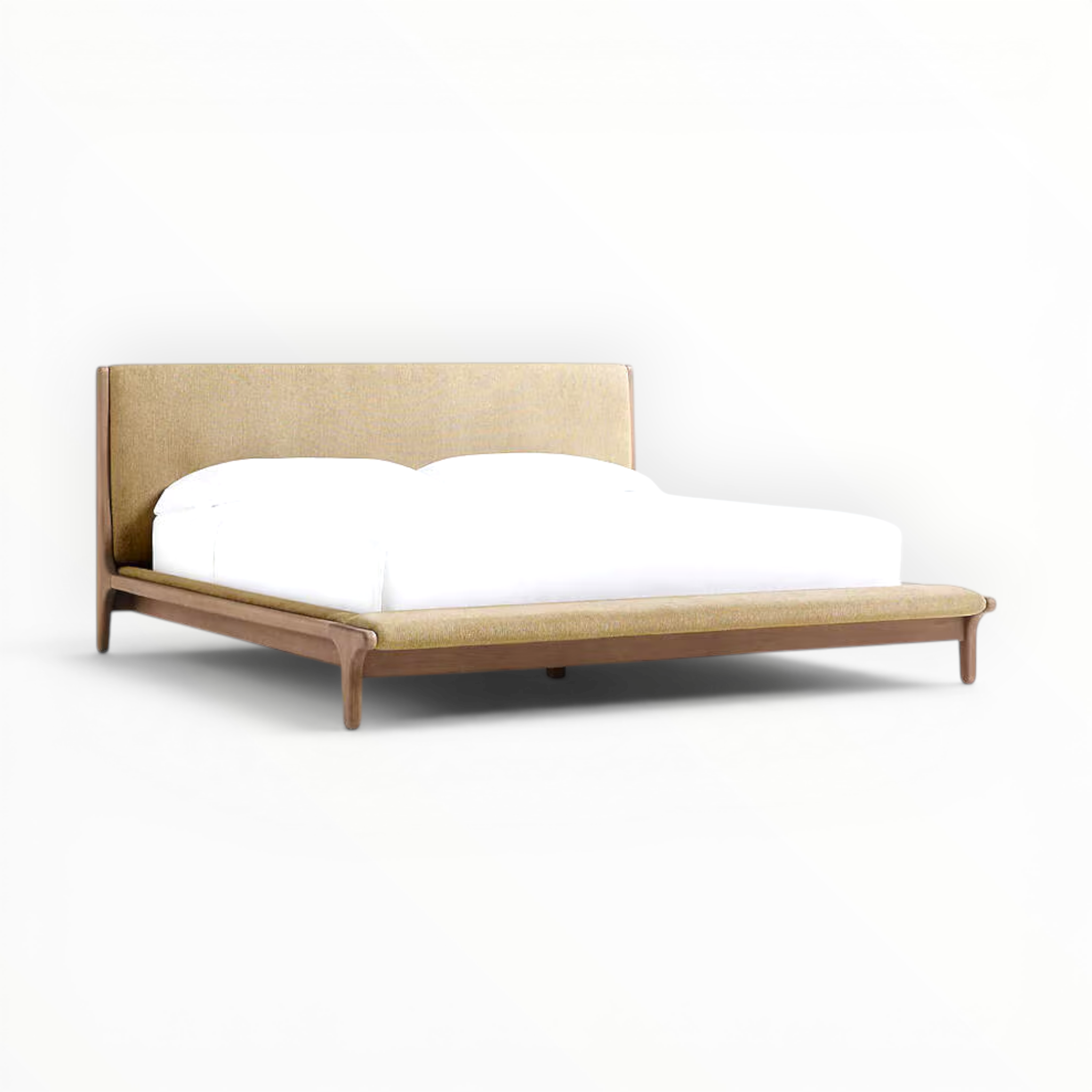 Beige upholstered bed with white mattress on a white background