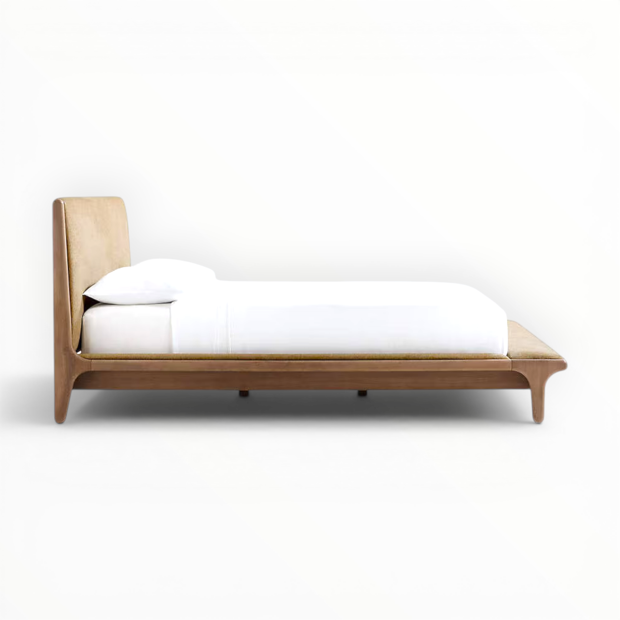 Wooden bed with white bedding on a white background