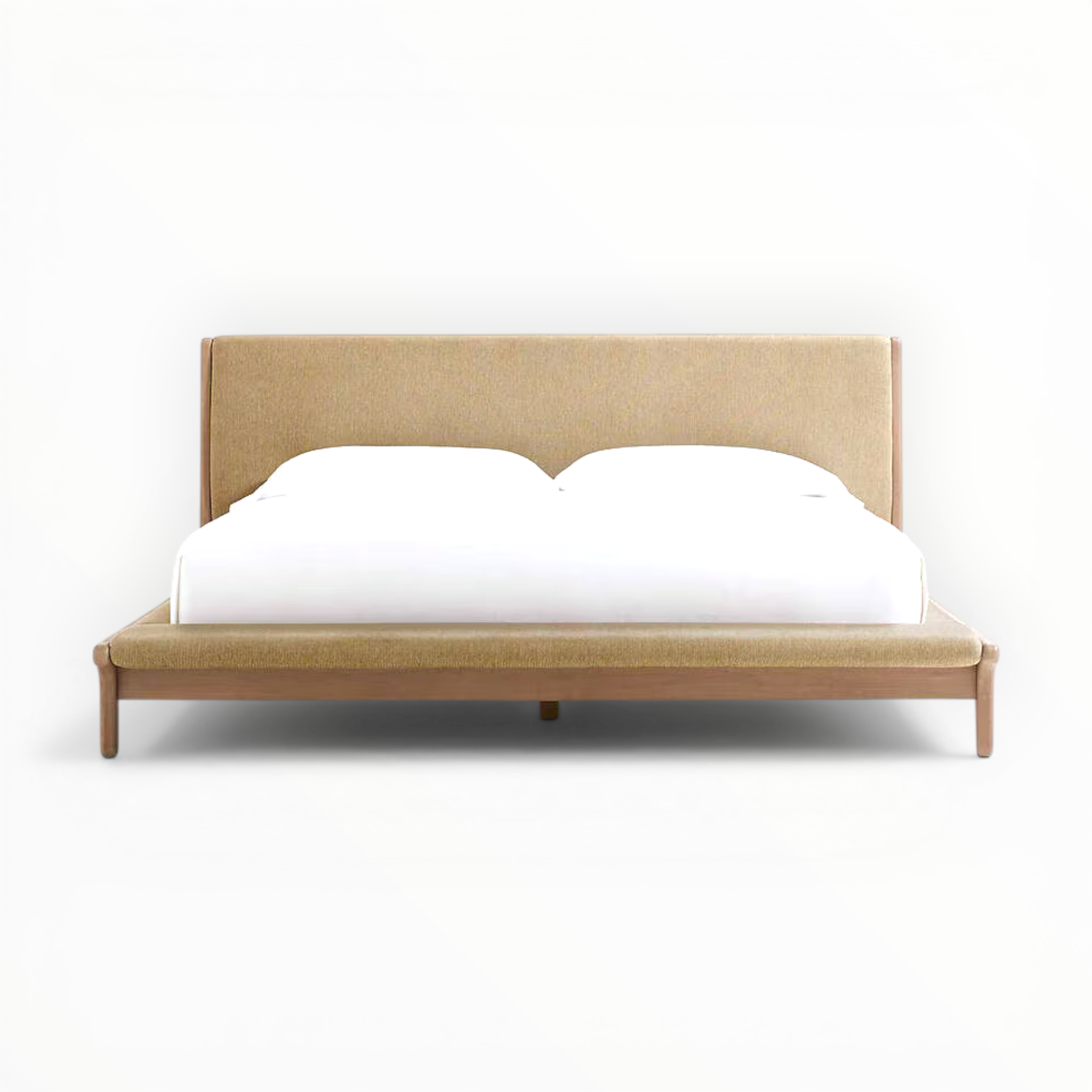 Beige bed frame with white mattress on a white background