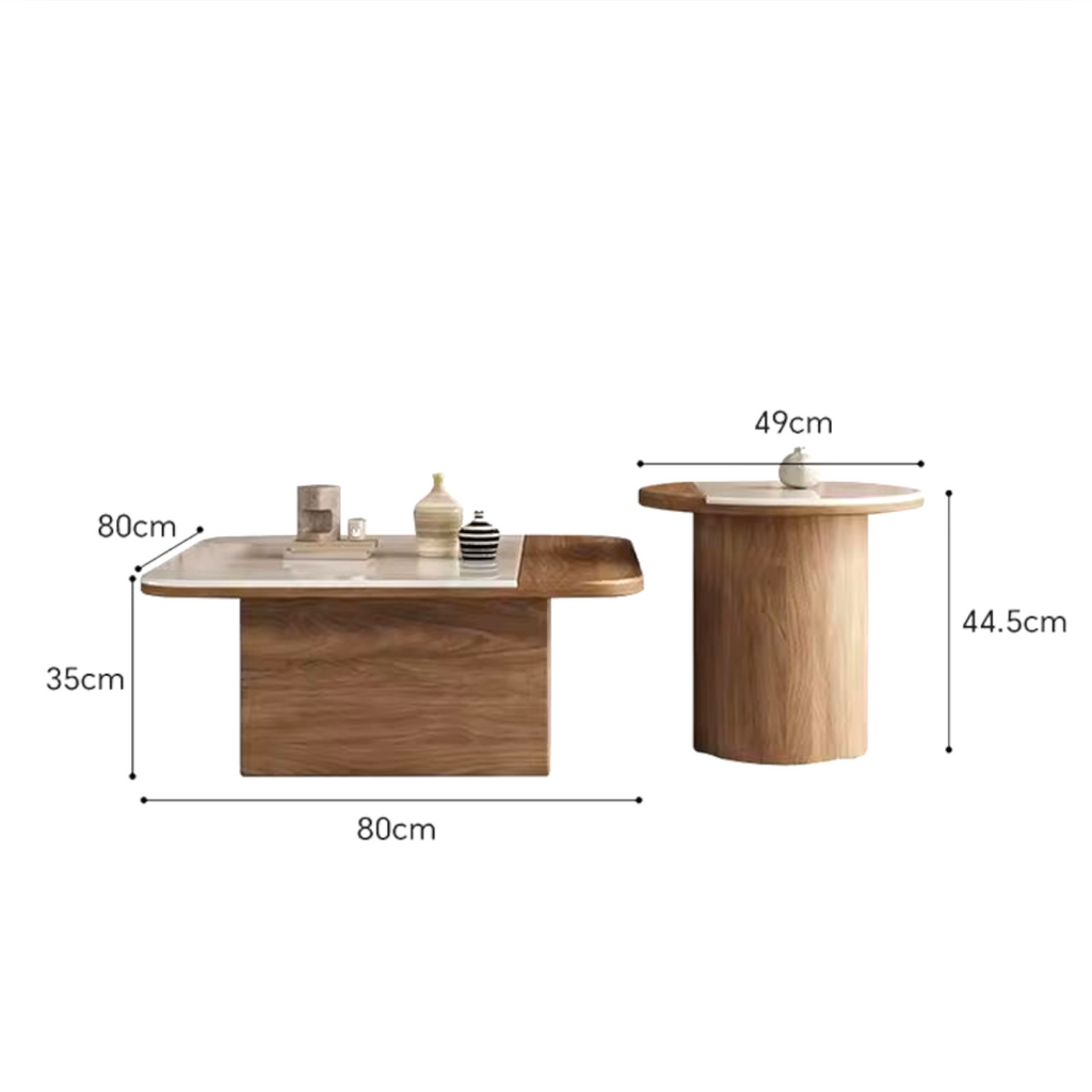 Rio coffee table set with LED edge lighting on square table and round side table in solid wood and white marble - Woodkraft Studio