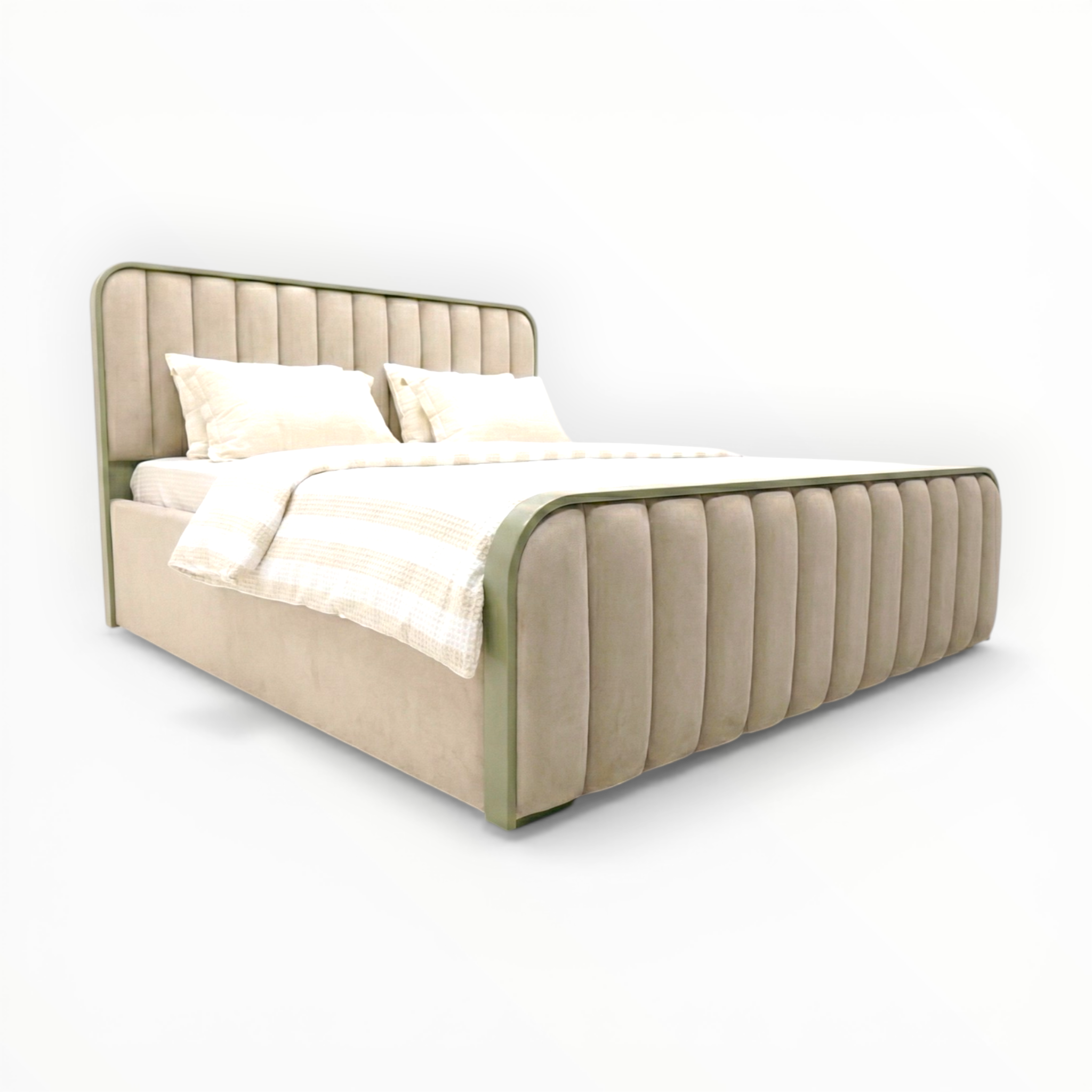Beige upholstered bed with white bedding on a white background