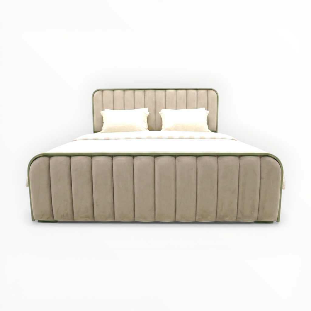 Beige upholstered bed with white bedding on a white background