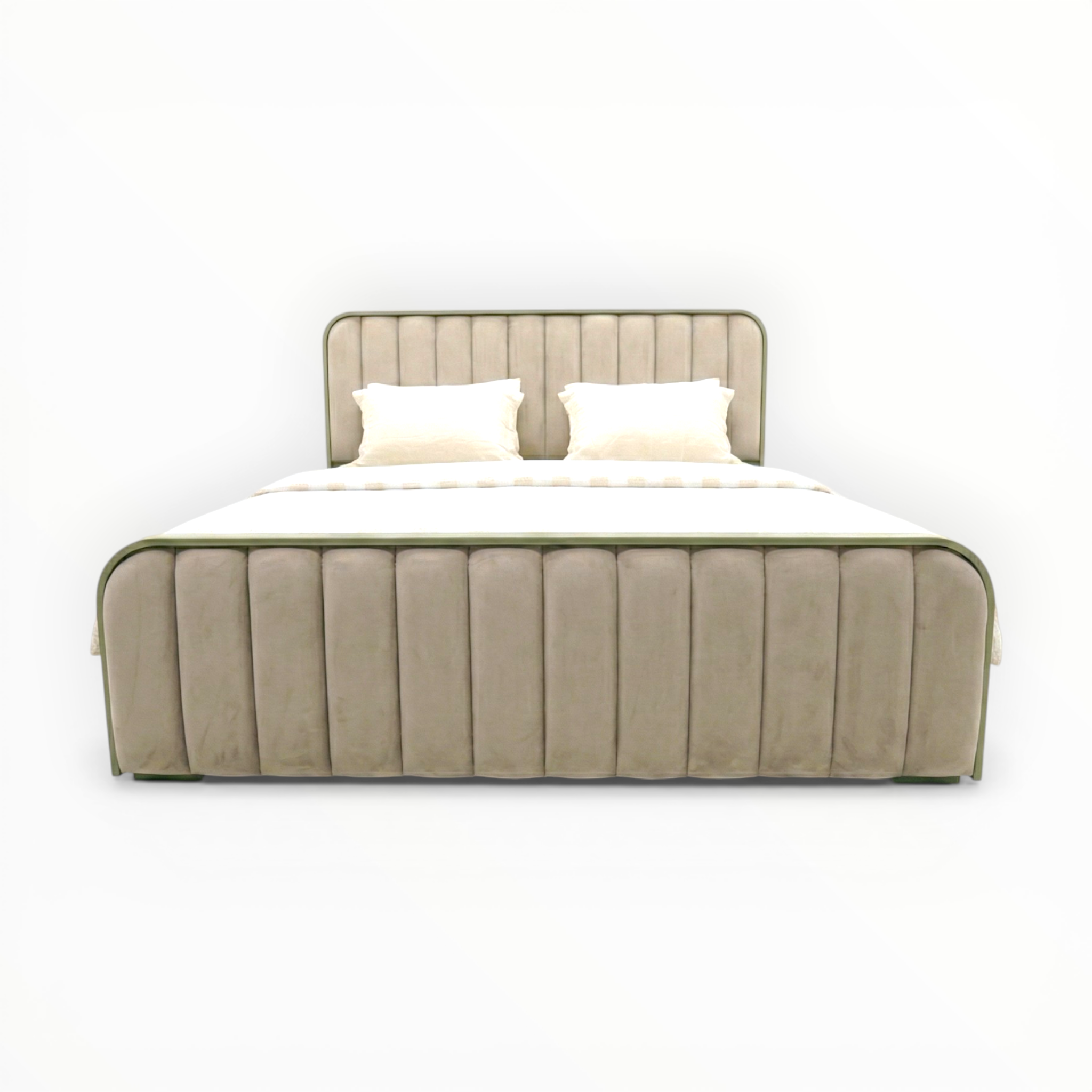 Beige upholstered bed with white bedding on a white background
