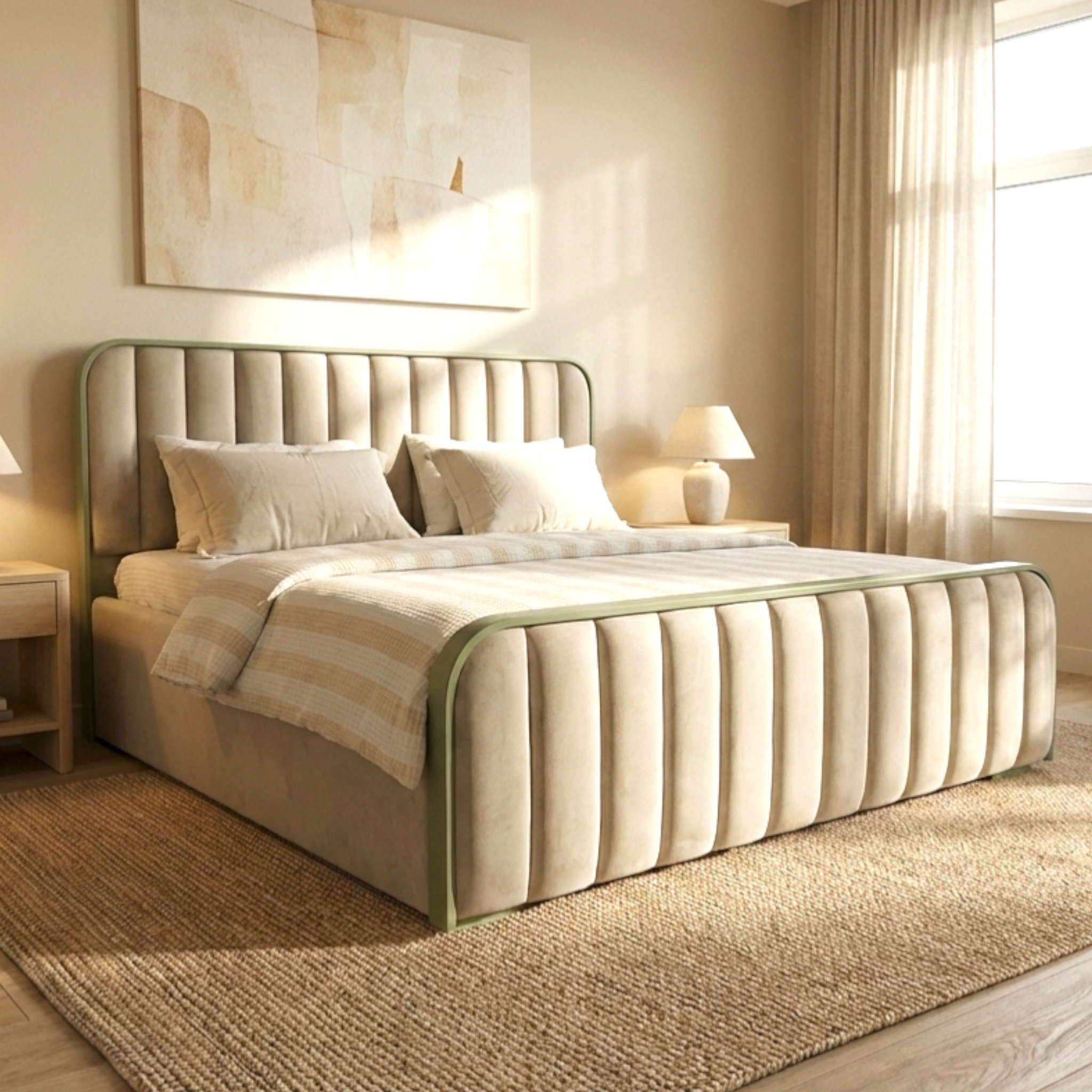 Beige upholstered bed in a bedroom with neutral decor