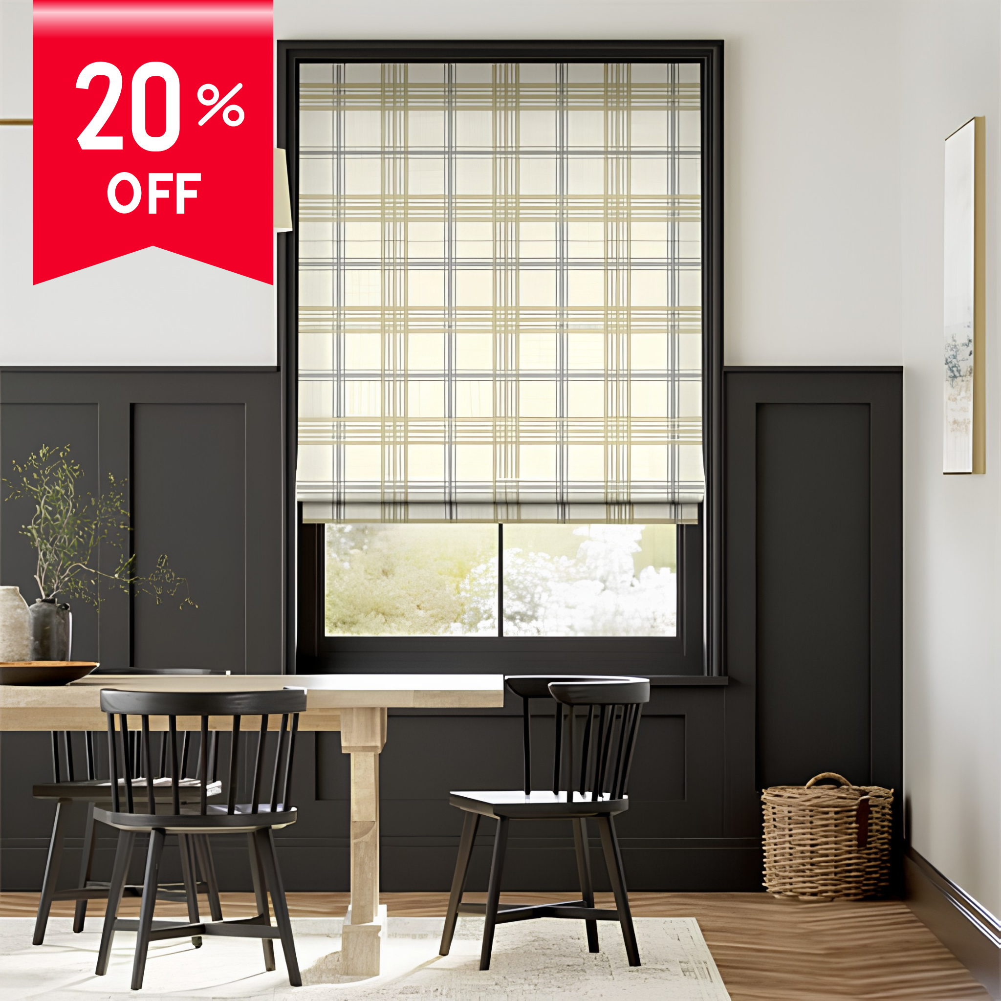 Dining room with a window featuring a plaid curtain, a table with chairs, and a 20% off sign.