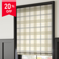 Plaid patterned roller blind with a 20% off label on a white background