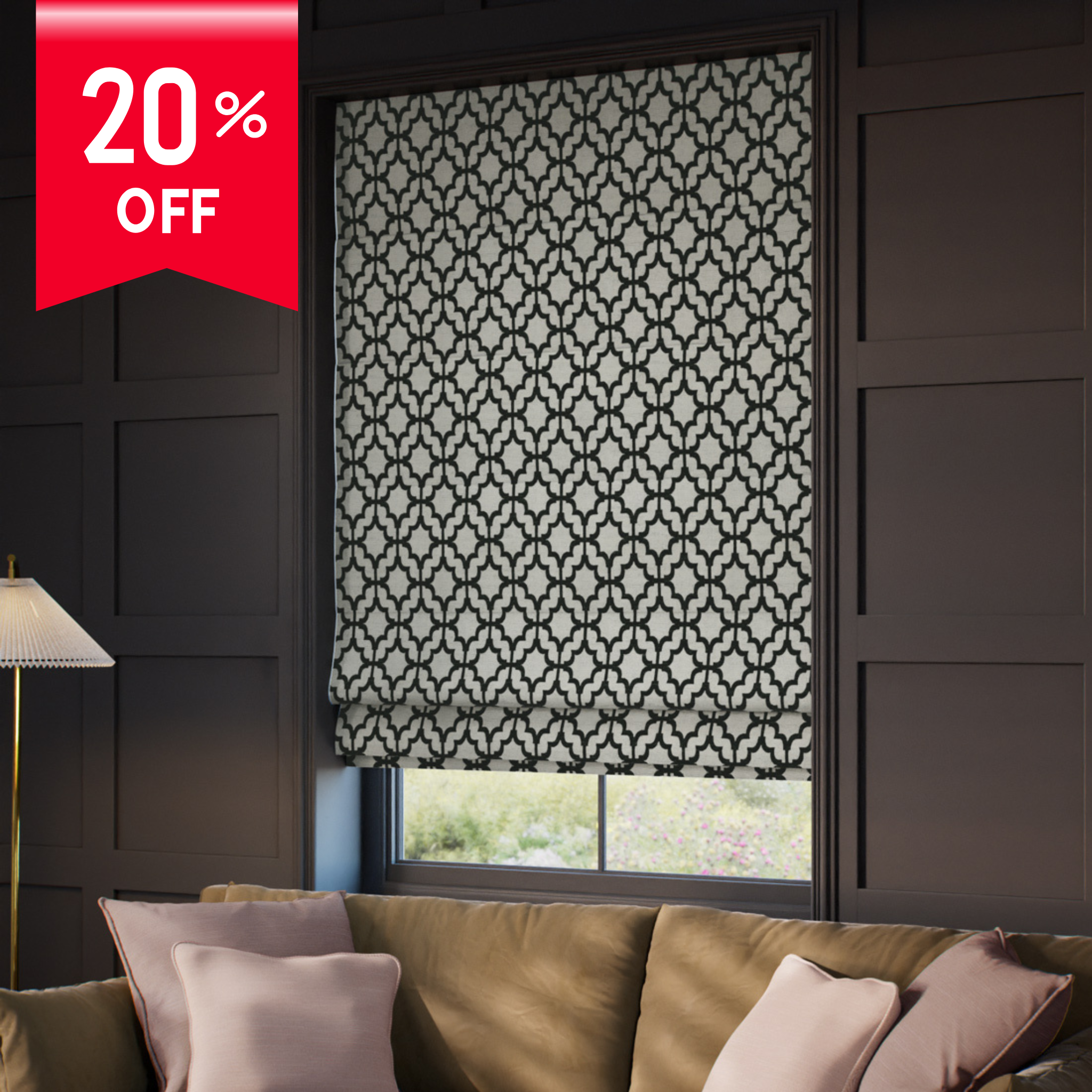 Patterned roller blind in a living room with a 20% off label.