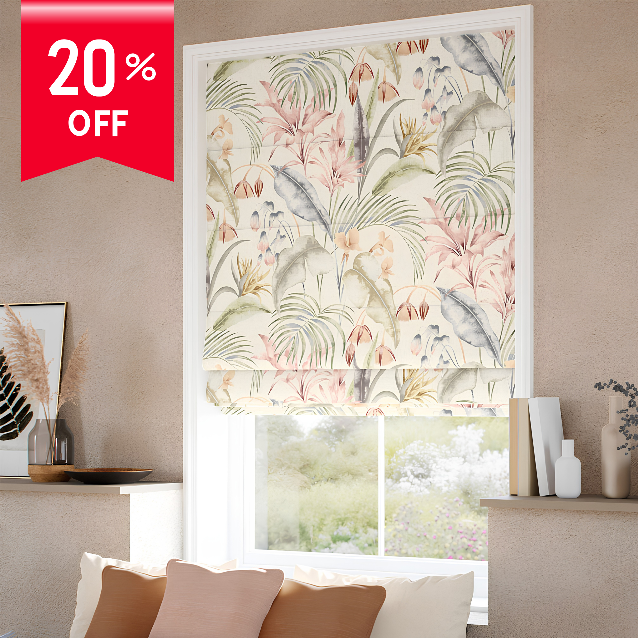Decorative roller blind with floral pattern in a room setting with a 20% off banner.