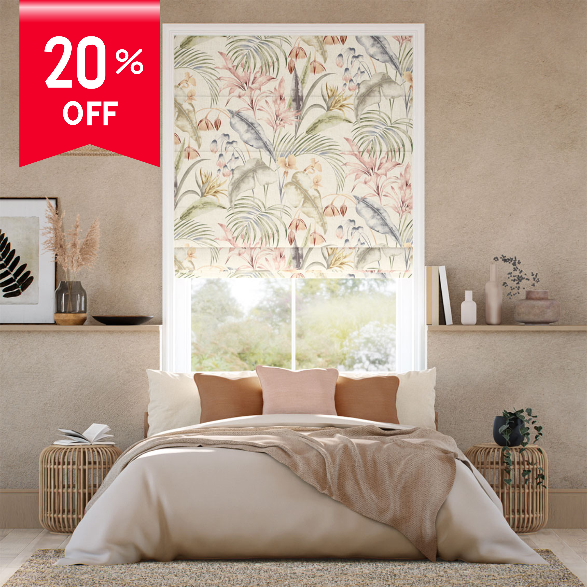 Decorative window blind in a bedroom with a 20% off banner.