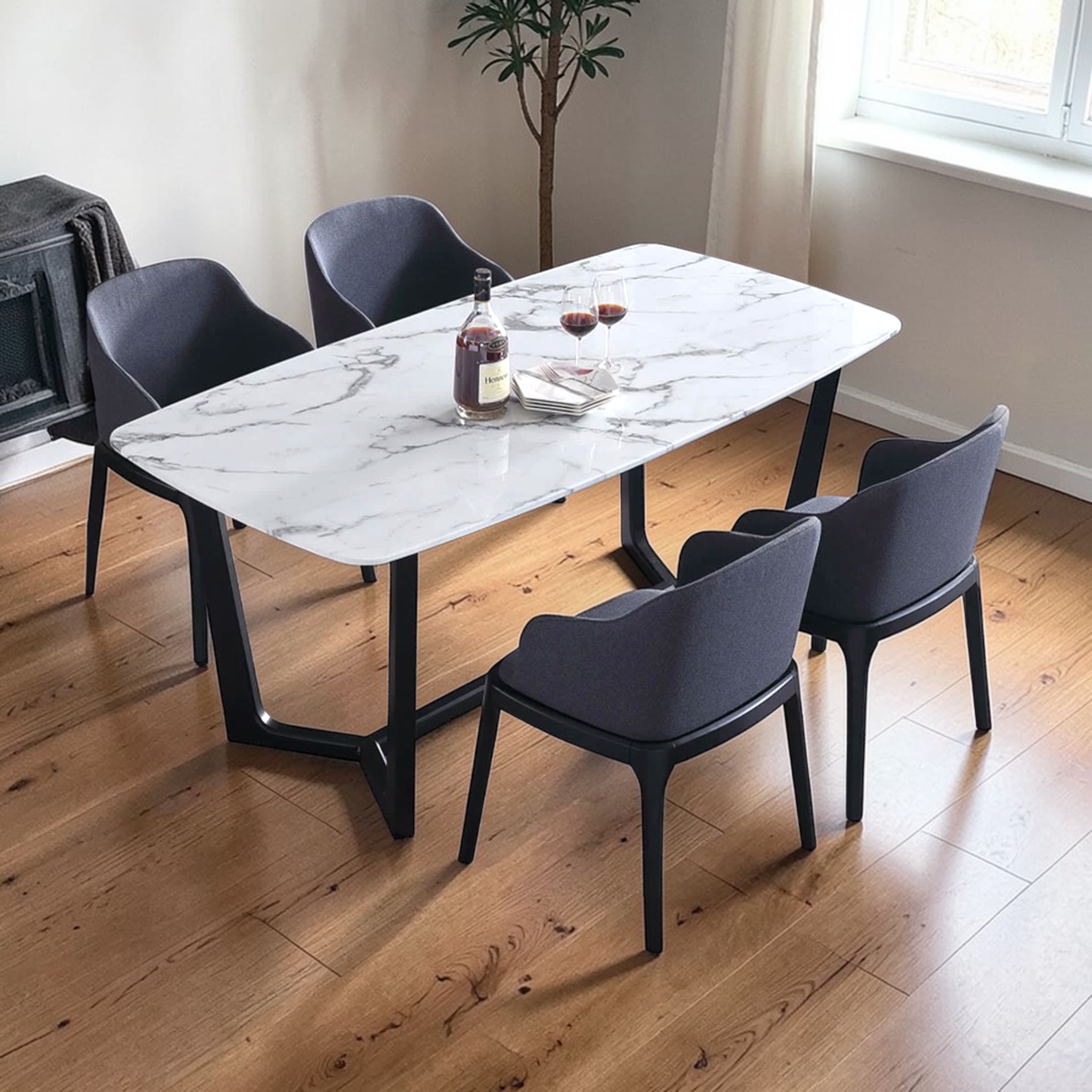 Romano Dining Set | Marble Top Teakwood Dining Table | Woodkraft Studio Hyderabad