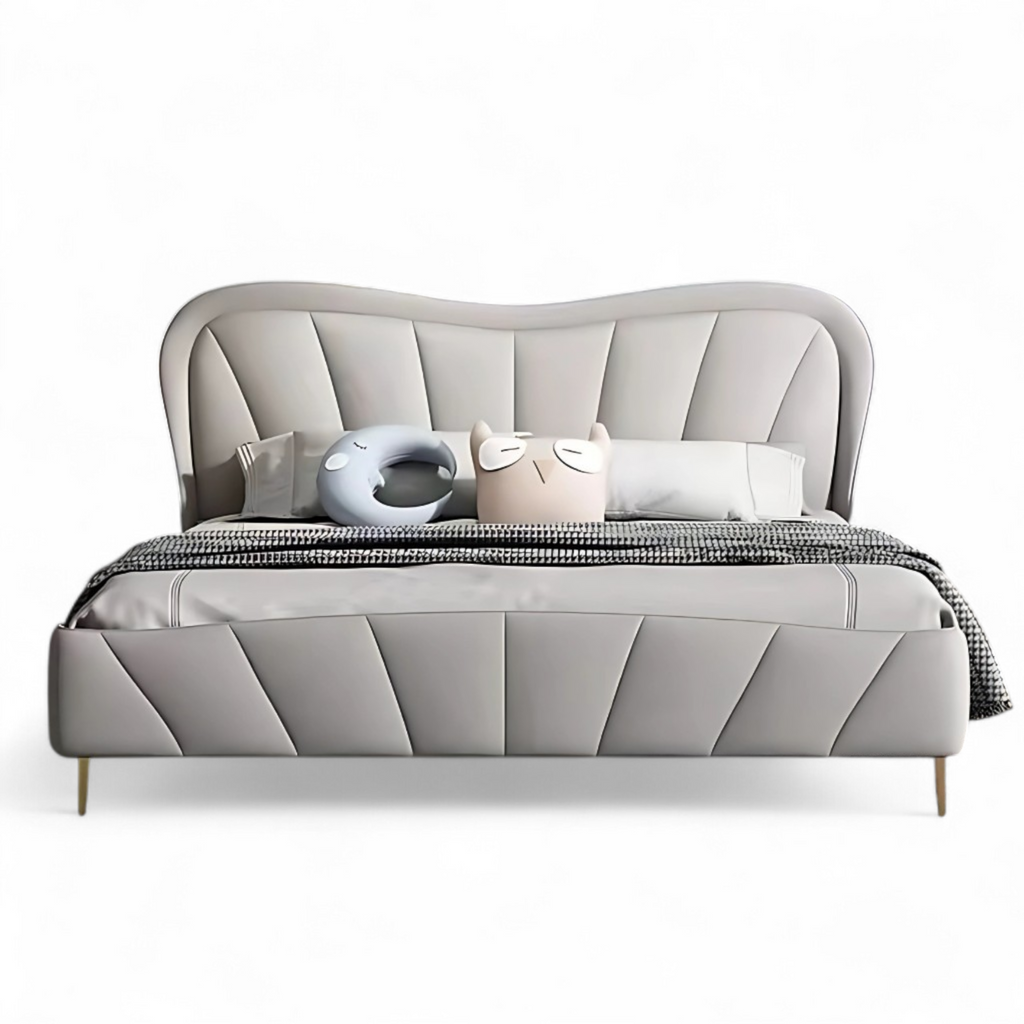 Ruisa upholstered bed in king size — tulip-tufted headboard, gold-tone legs, teakwood frame, Woodkraft Studio Hyderabad