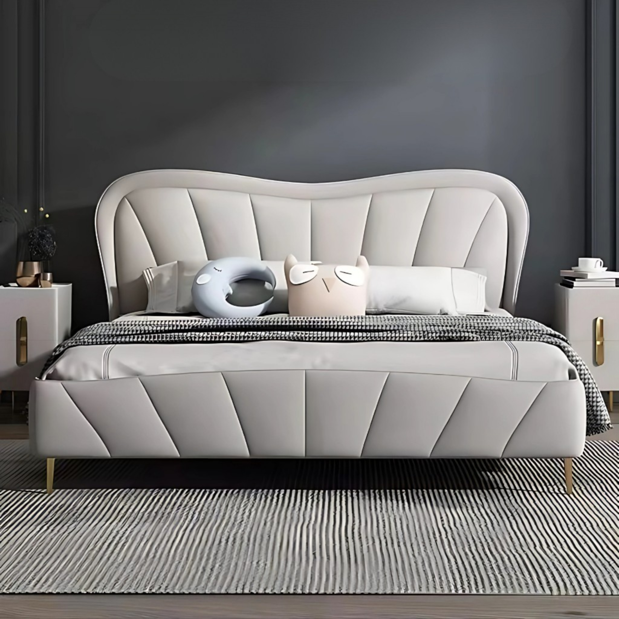 Ruisa upholstered bed in bedroom setting — tufted headboard and matching base, customisable fabric, Hyderabad