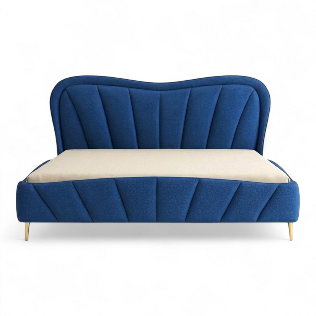 Ruisa upholstered queen bed — tulip tufted headboard in blue fabric, slim gold legs, made to order Hyderabad