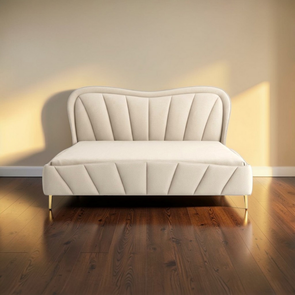 Ruisa upholstered bed in lifestyle setting — teakwood frame, soft foam, storage options, Woodkraft Studio Hyderabad