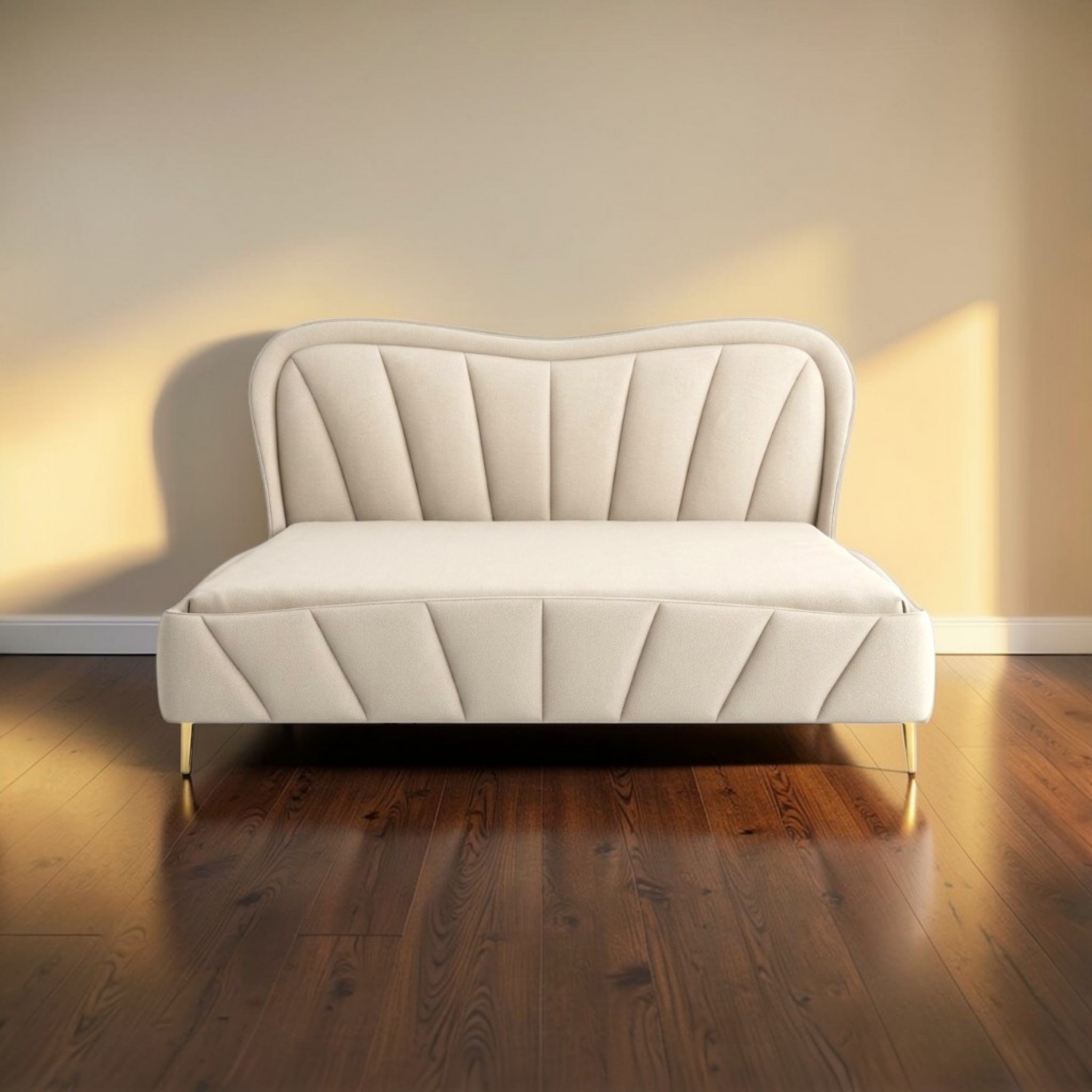 Ruisa upholstered bed in lifestyle setting — teakwood frame, soft foam, storage options, Woodkraft Studio Hyderabad