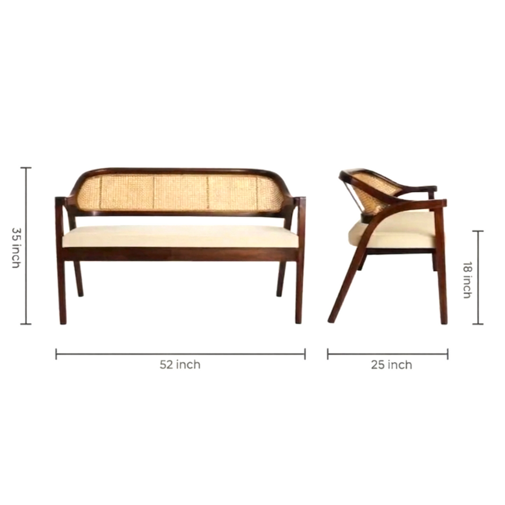 Wooden chair and bench with dimensions on a white background