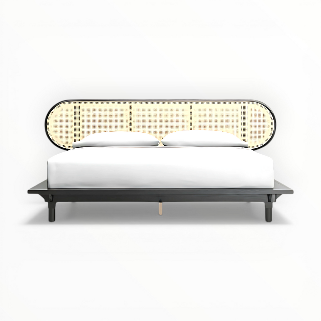 Modern bed with a unique headboard design on a white background