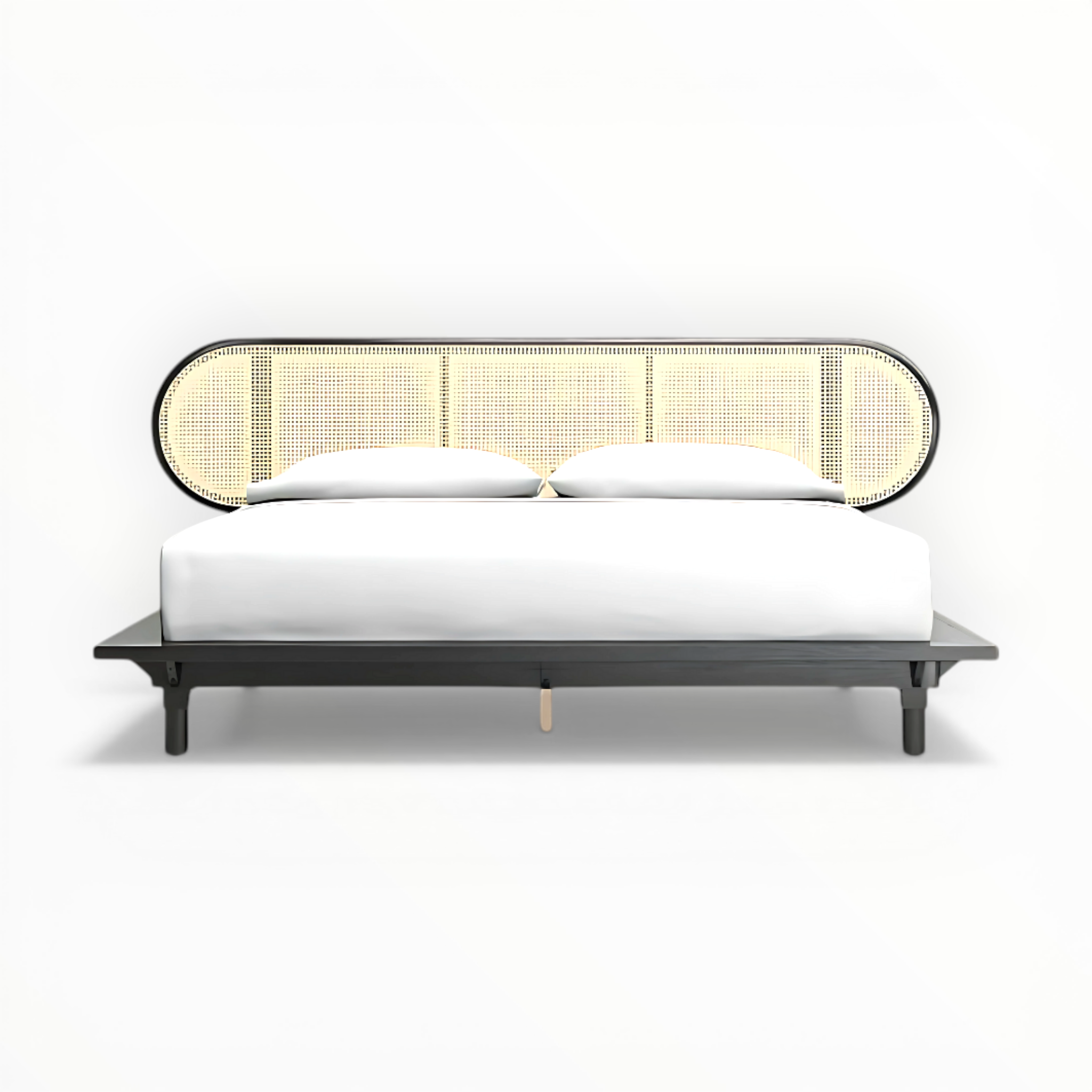Modern bed with a unique headboard design on a white background