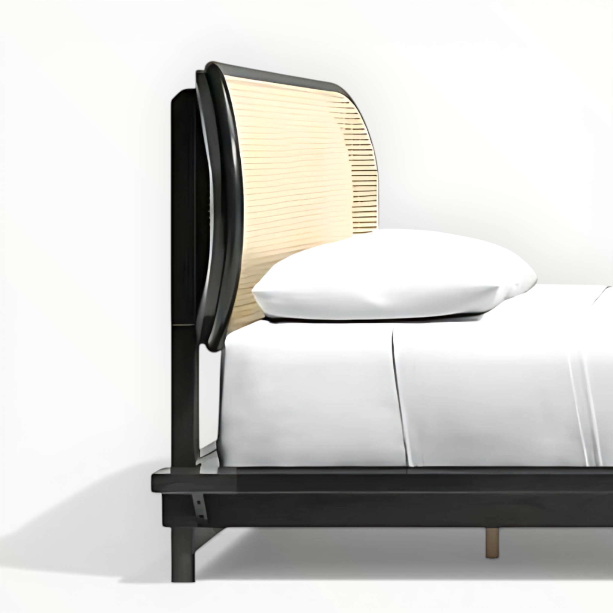 Bed with black frame and wooden headboard on a white background