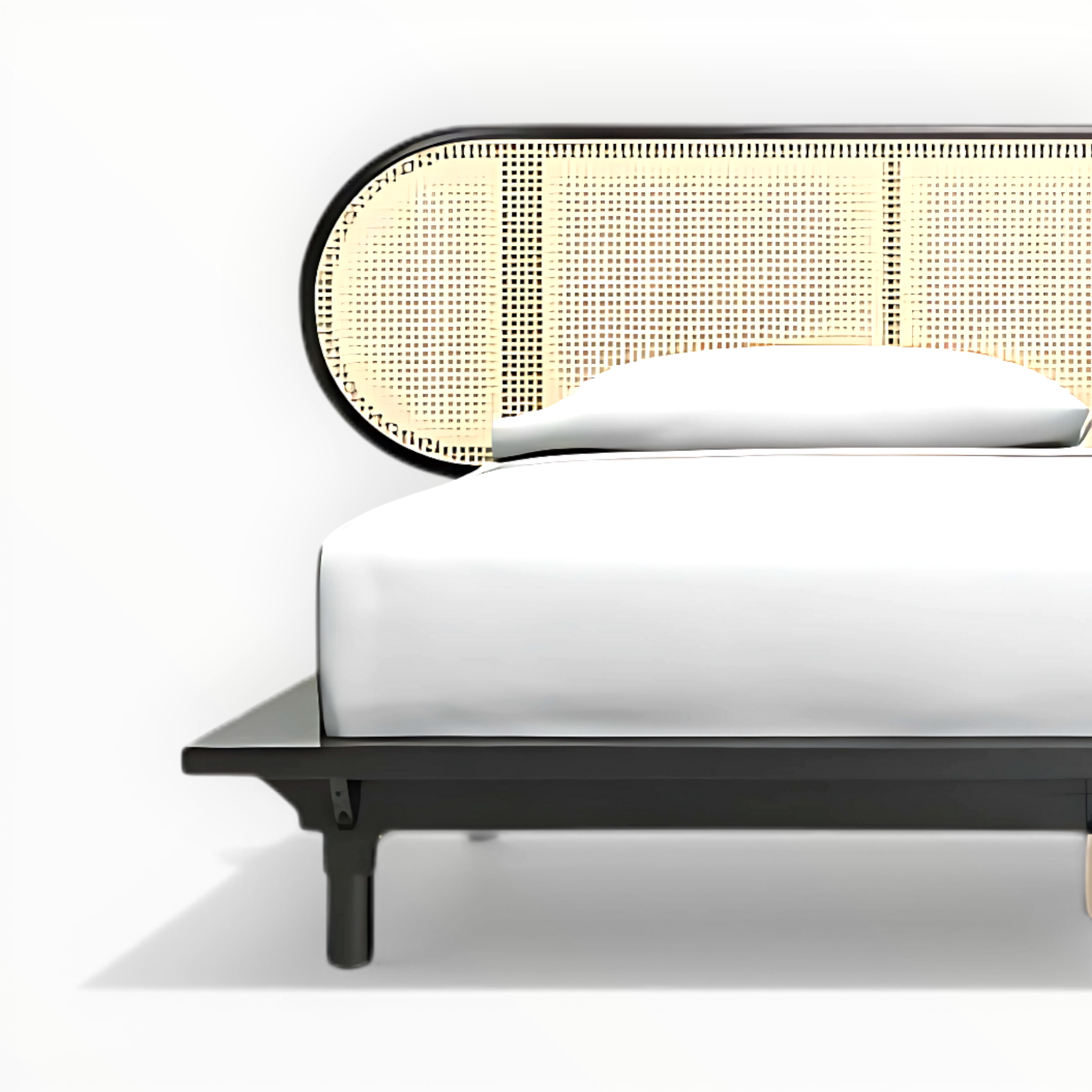 Modern bed with black frame and woven headboard on a white background