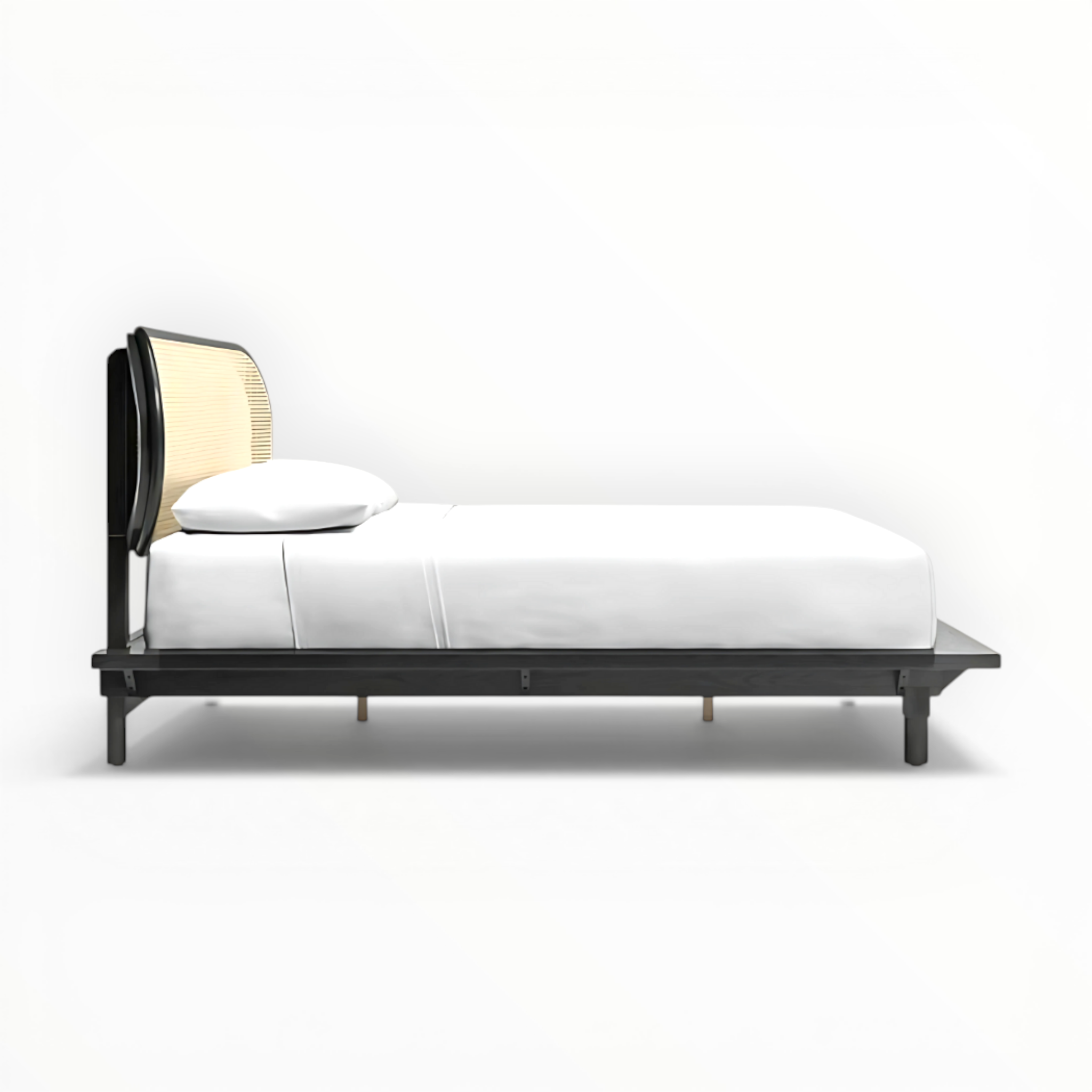 Modern bed with black frame and beige headboard on a white background