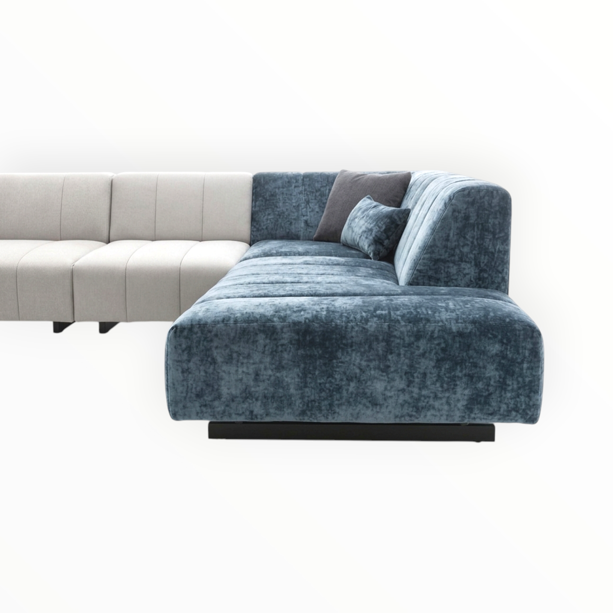 Gray and beige sectional sofa on a white background
