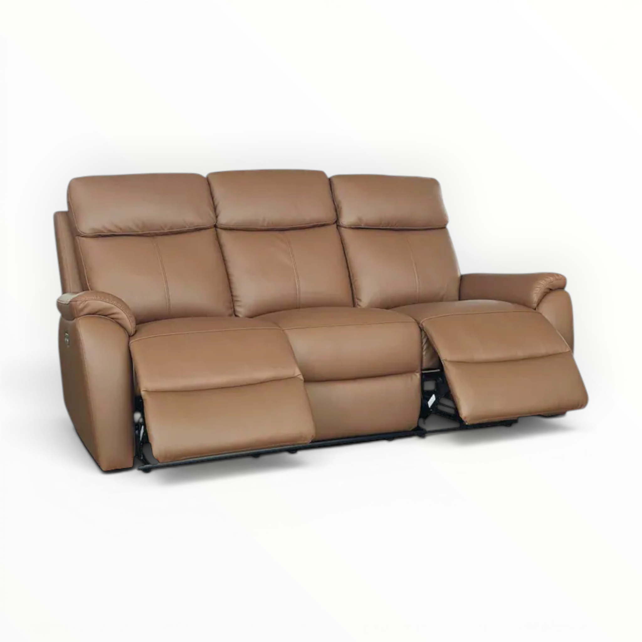 Brown leather reclining sofa on a white background