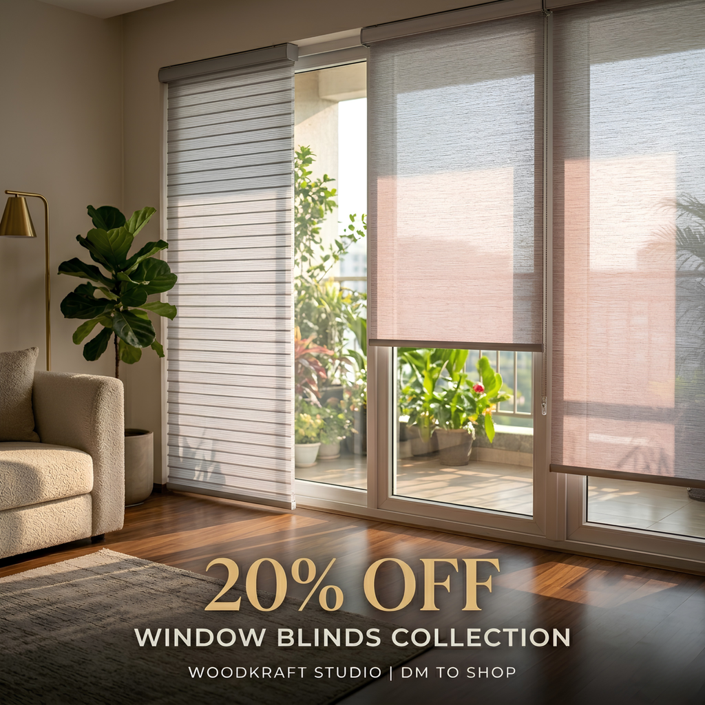Living room with window blinds and a promotional offer for Woodcraft Studio.