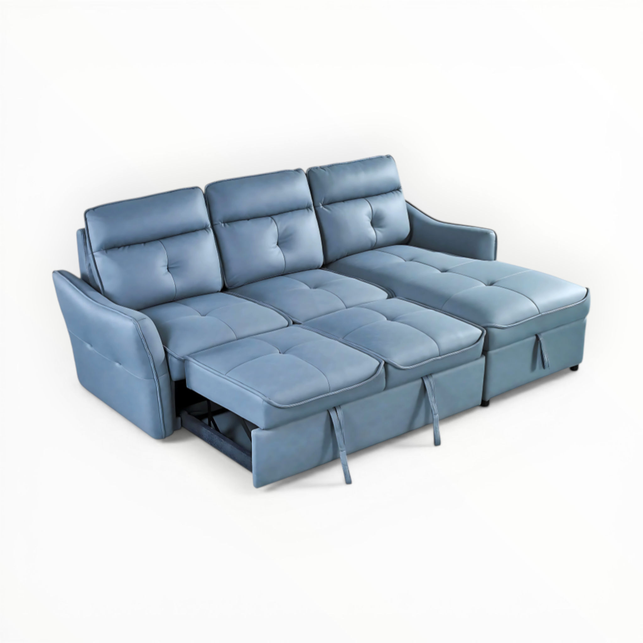 Blue sectional sofa with storage drawers on a white background