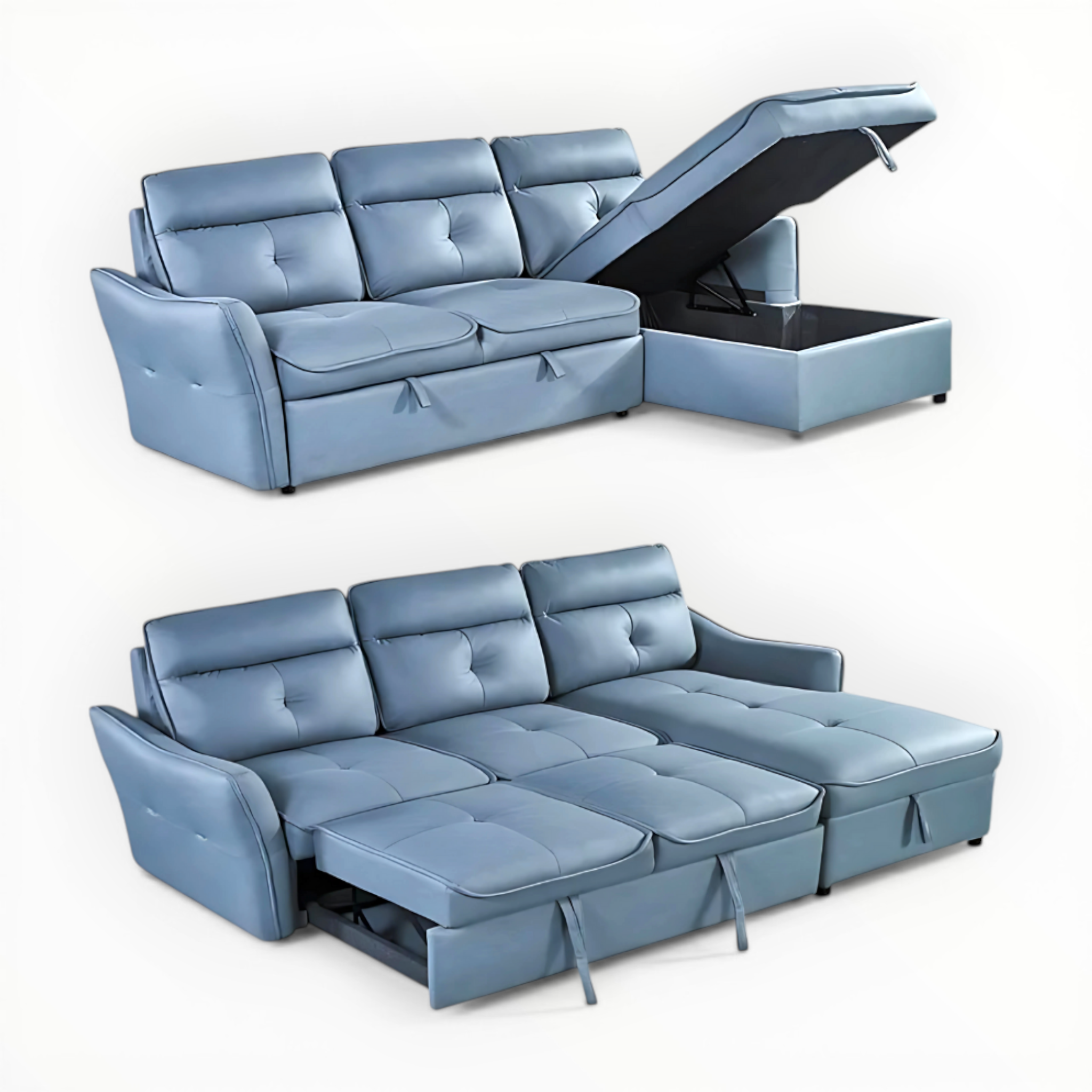 Blue sectional sofa with storage compartments on a white background