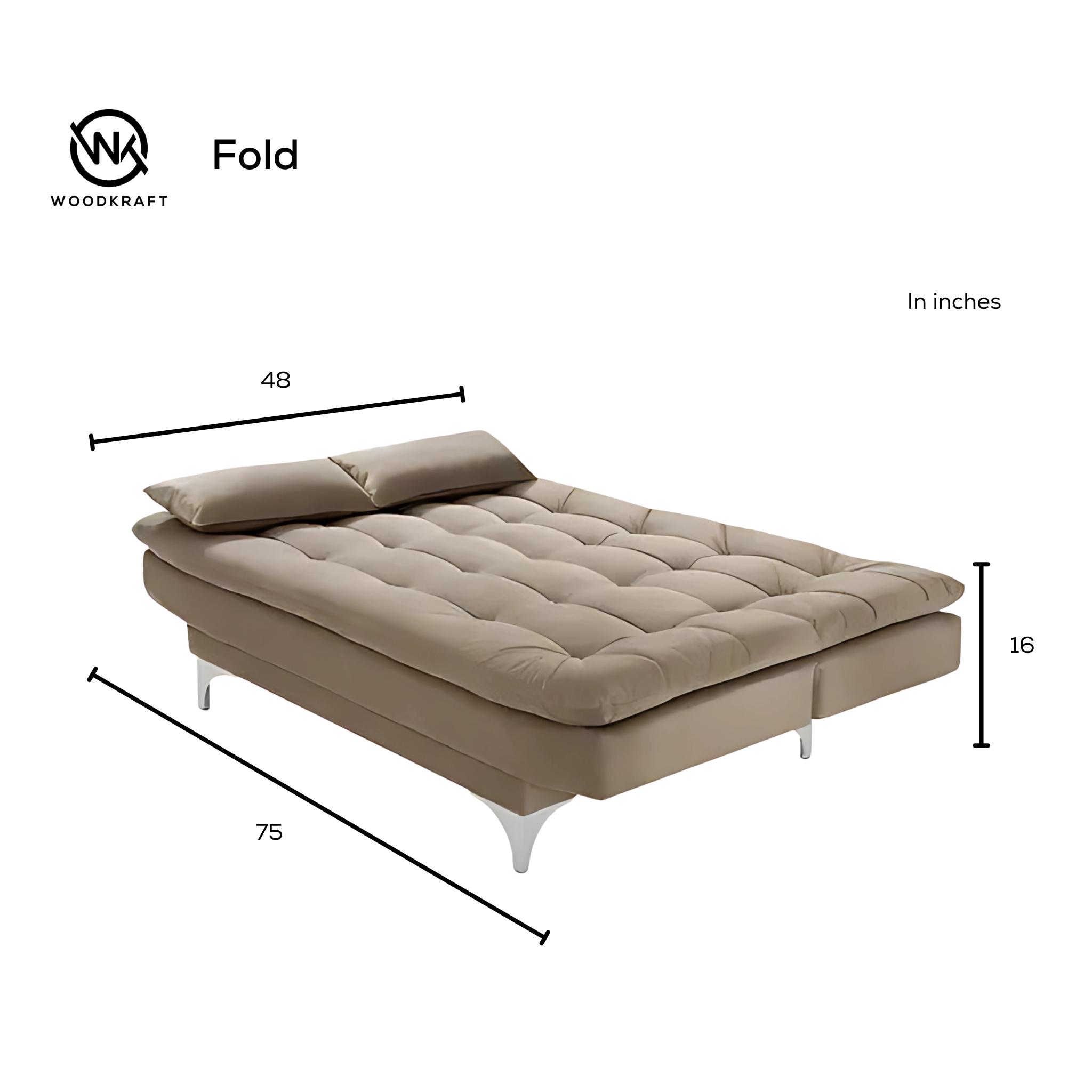 Foldable bed with dimensions labeled on a white background, featuring the Woodkraft brand.