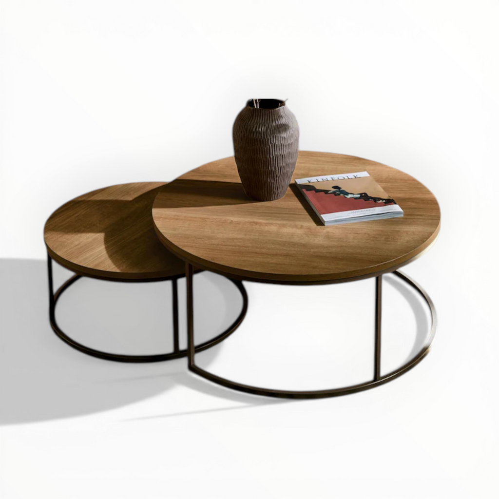 Wooden coffee table with a vase and book on a white background