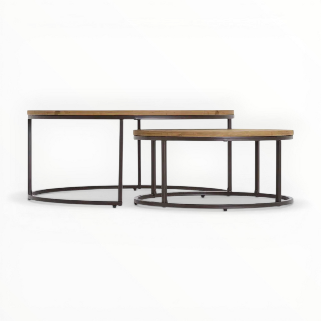 Set of two nesting tables with wooden tops and metal bases on a white background
