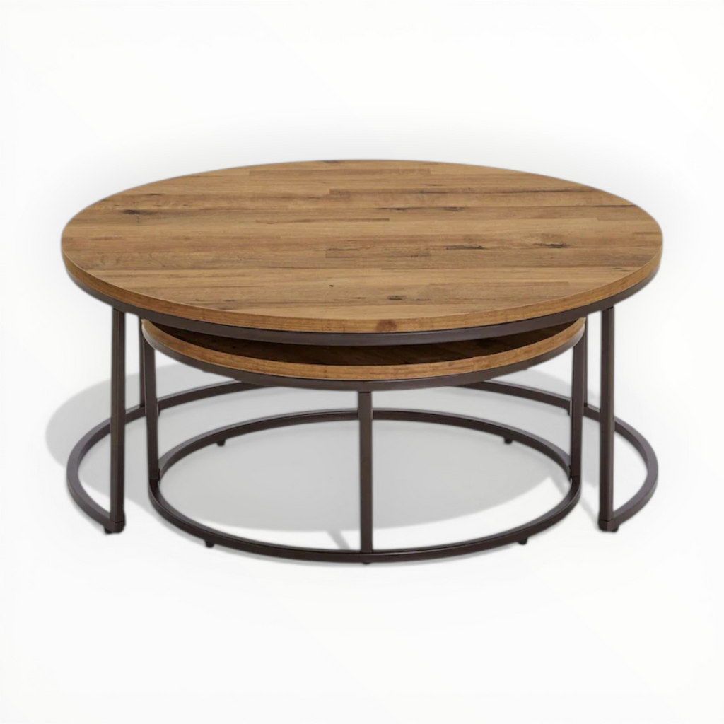 Round wooden coffee table with metal base on a white background