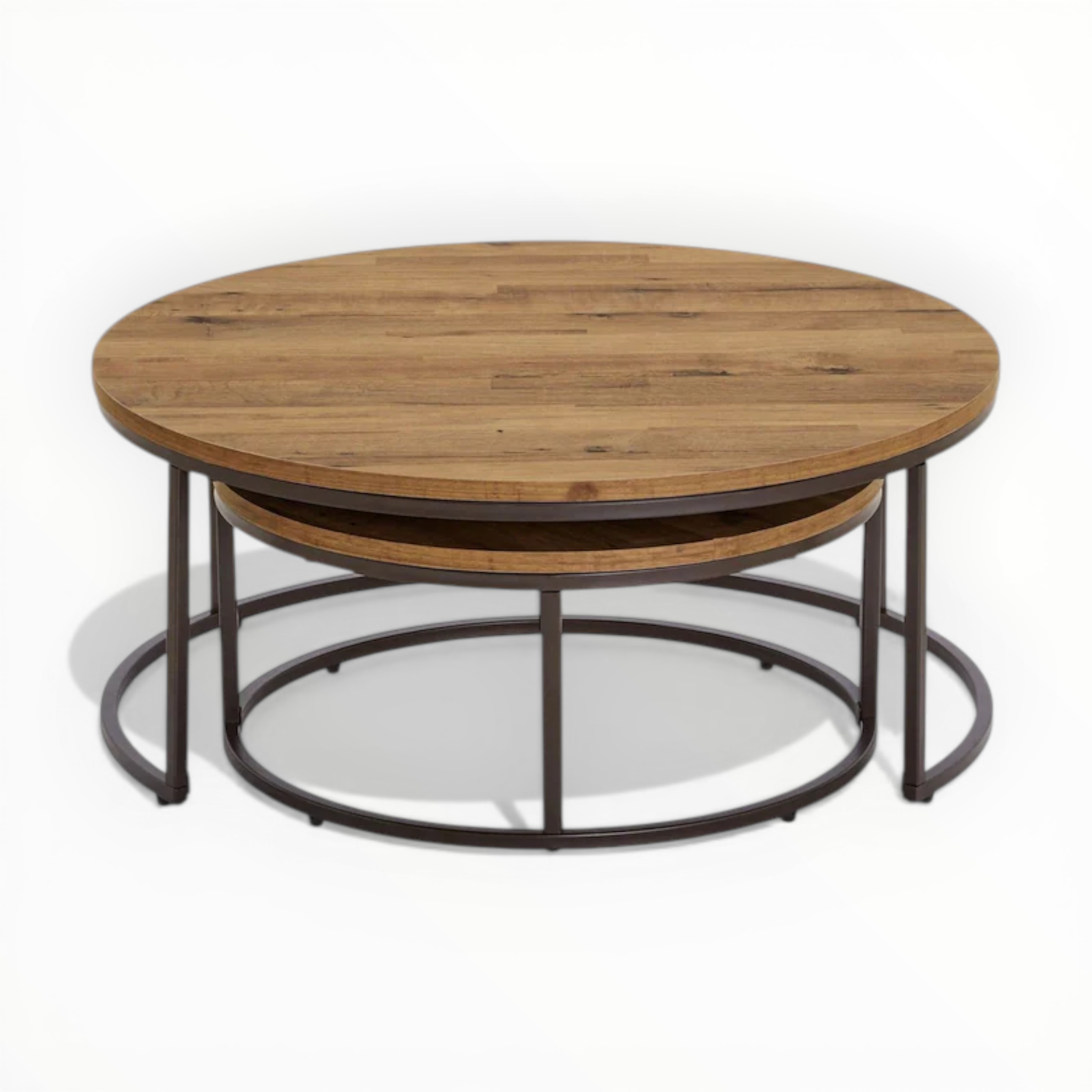 Round wooden coffee table with metal base on a white background
