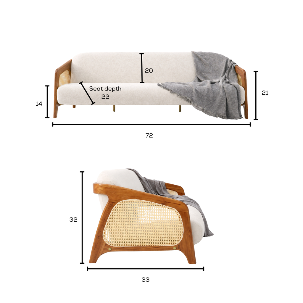 Dimensions of a wooden chair with wicker backrest and measurements labeled.