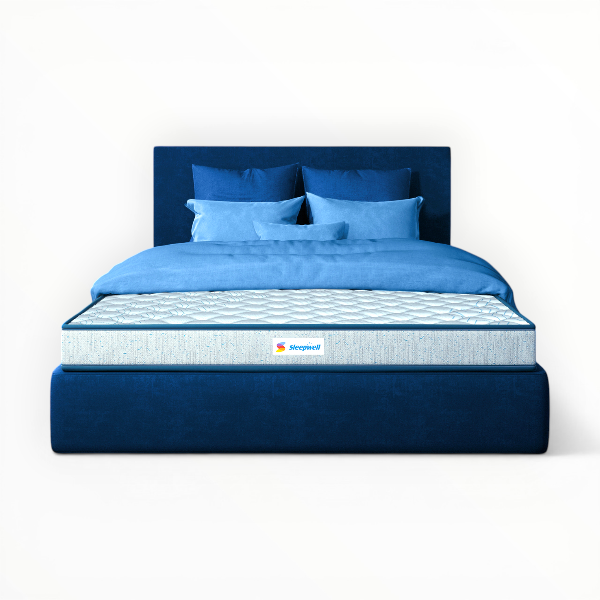 Blue bed with a mattress and pillows on a white background Sleepwell Pro Nexa Classic Mattress 6 inch - Premium plush comfort with Resitec foam and Air-O-Fresh technology
