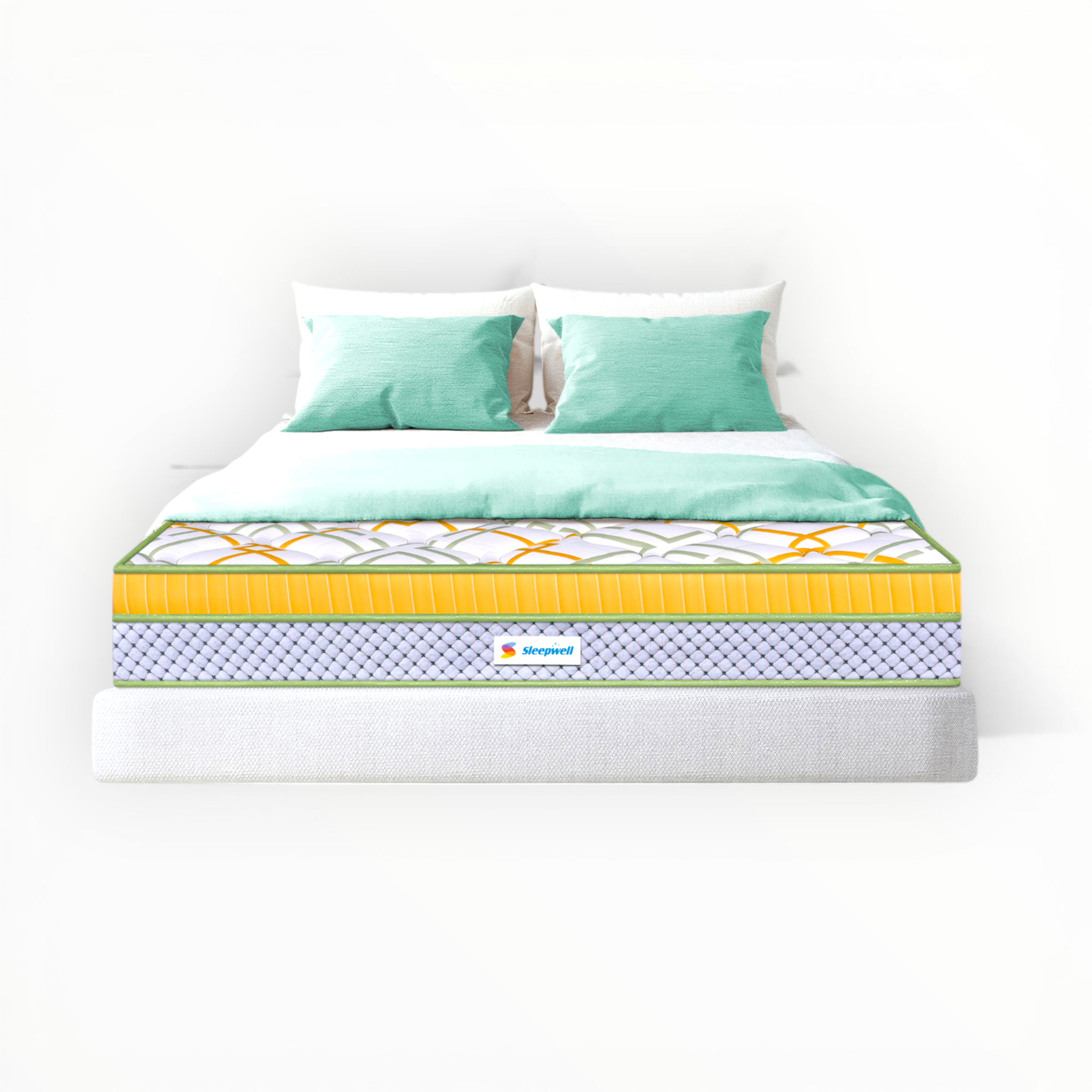 Mattress with green bedding on a white background