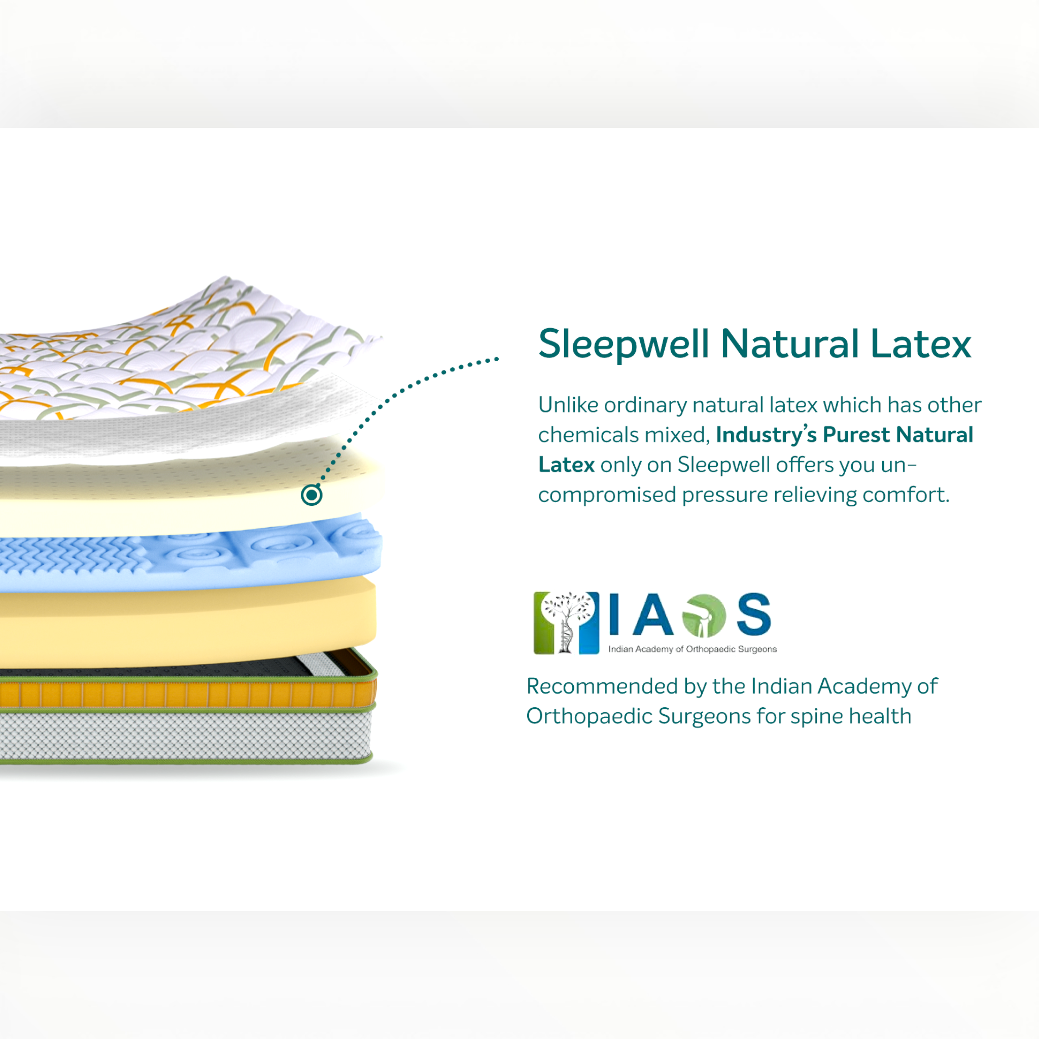 Stack of mattress toppers with Sleepwell Natural Latex branding and certification from the Indian Academy of Orthopaedic Surgeons.