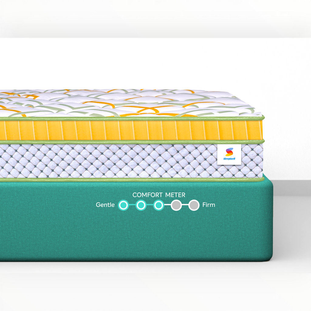 Stacked layers of a mattress with visible brand logo on a white background