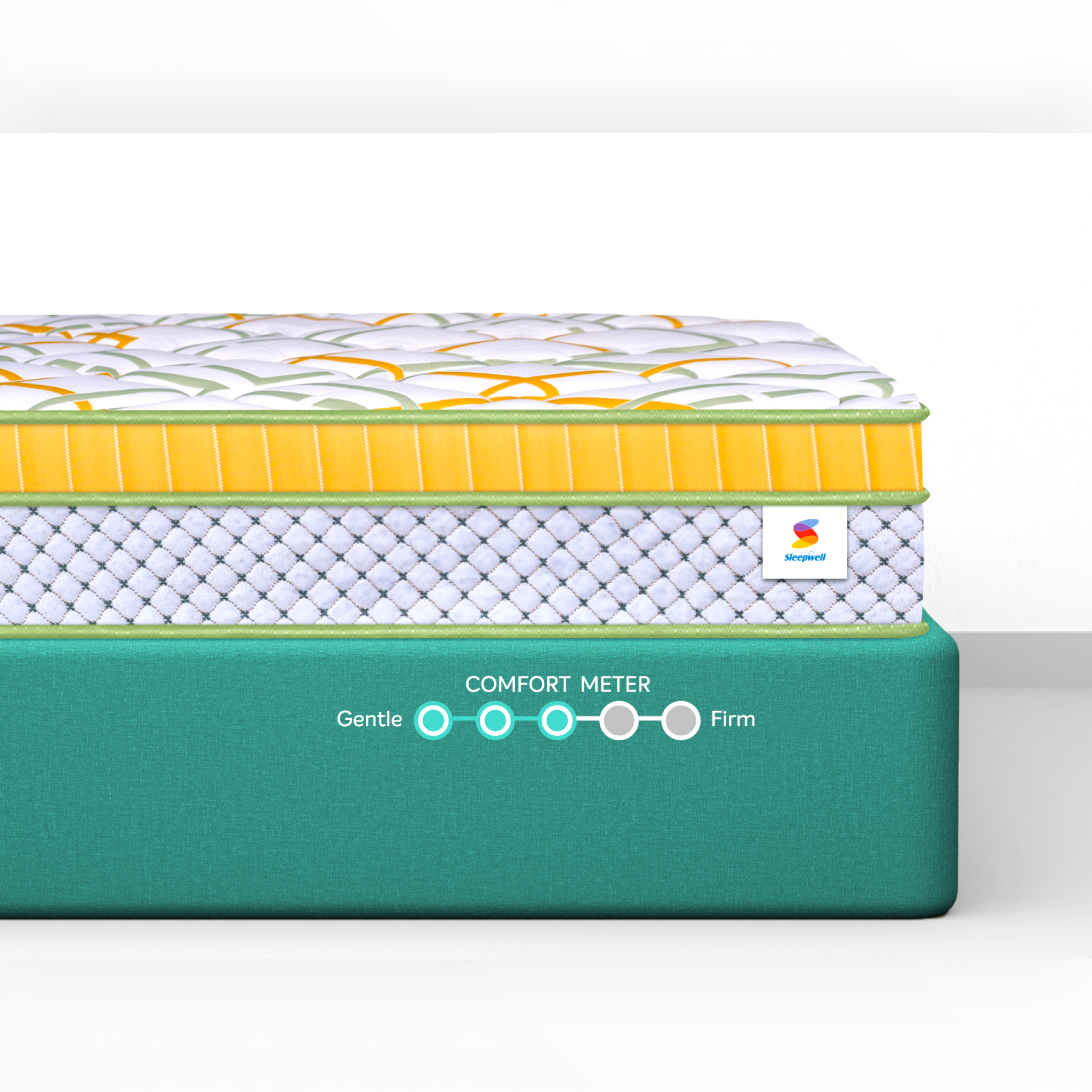 Stacked layers of a mattress with visible brand logo on a white background