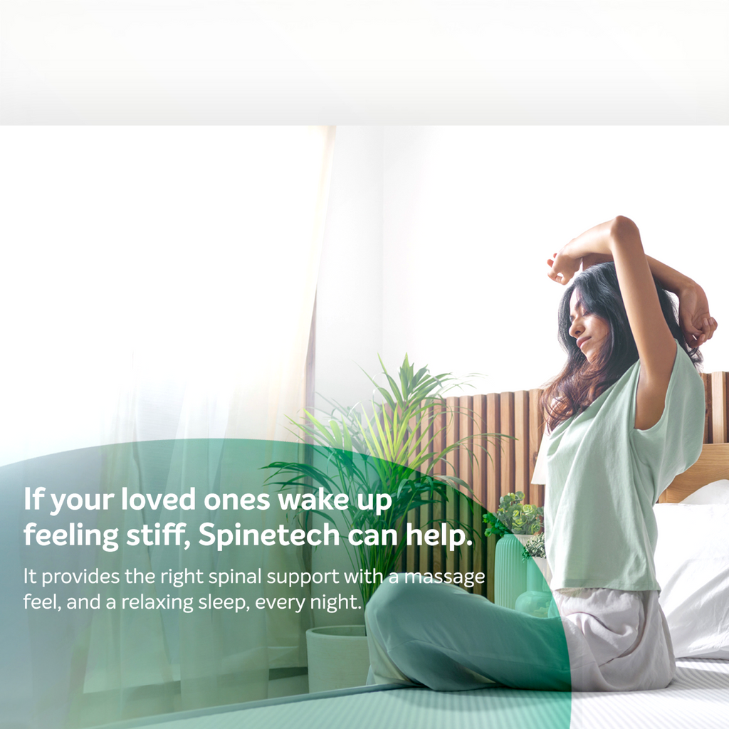 Woman sitting on a bed with a blurred background, promoting Spinetech products.