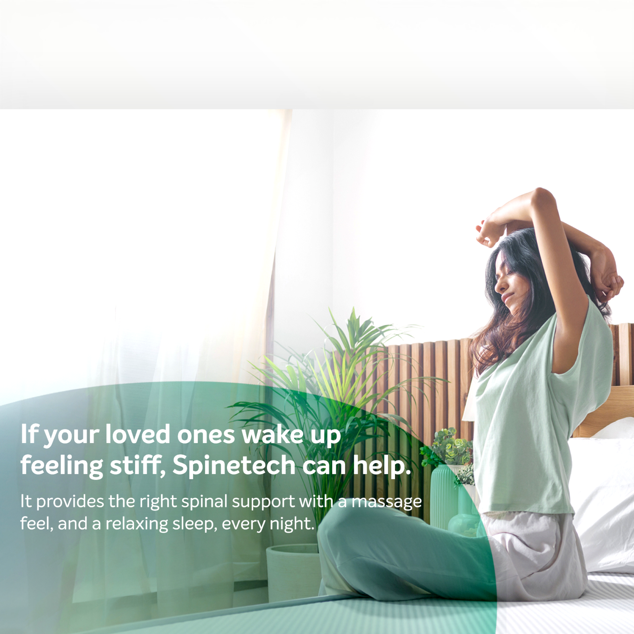 Woman sitting on a bed with a blurred background, promoting Spinetech products.