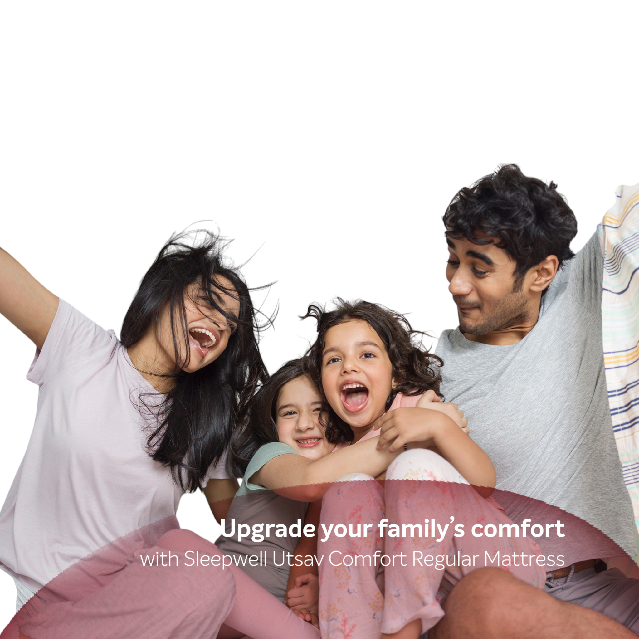 Family of four sitting together with promotional text for Sleepwell Utsav Comfort Regular Mattress.