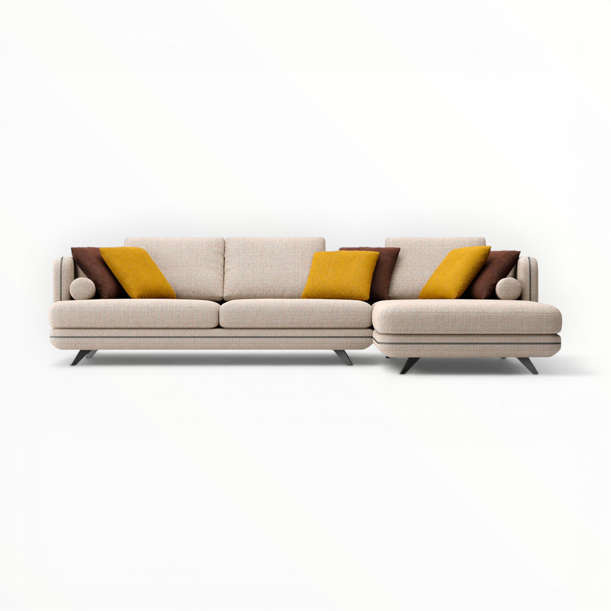 Beige sectional sofa with brown and yellow cushions on a white background