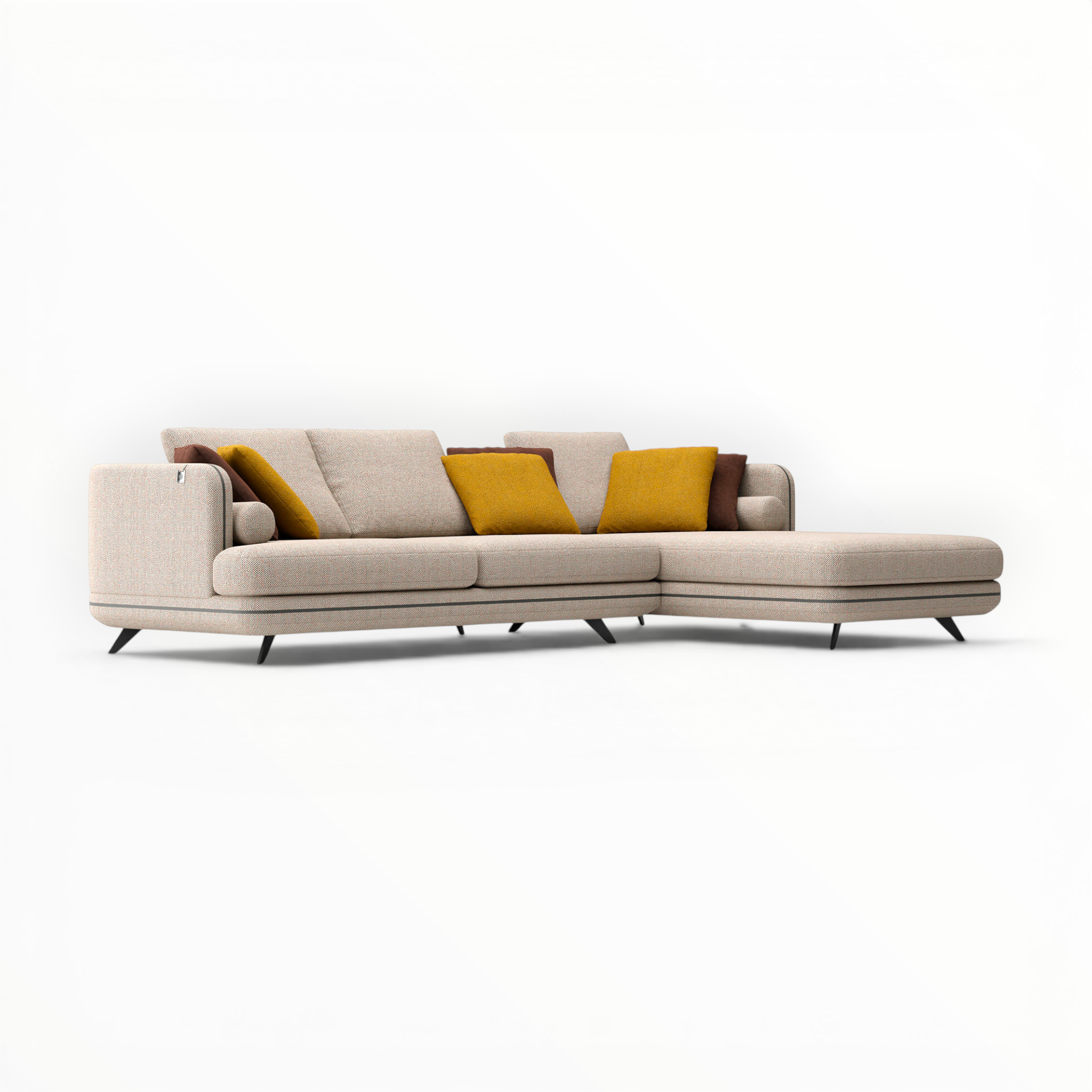 Beige sectional sofa with yellow cushions on a white background