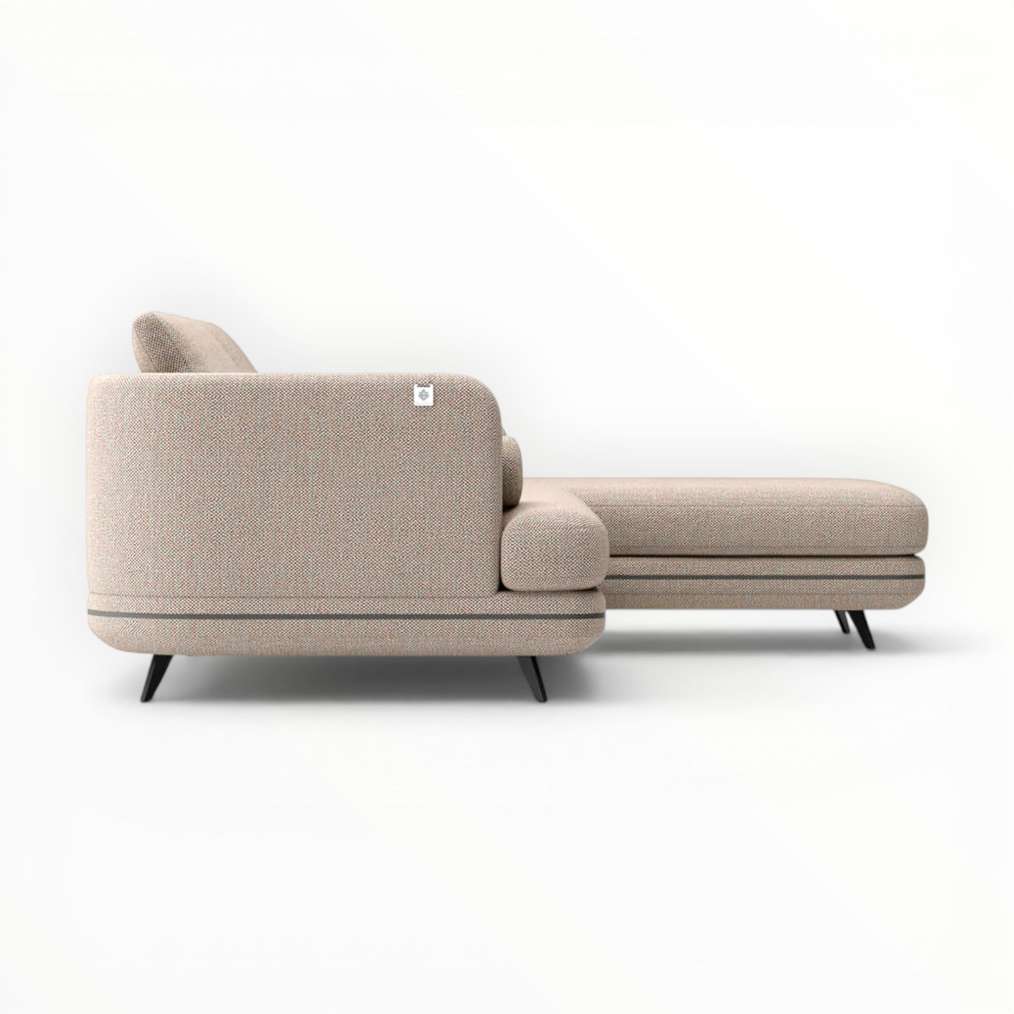 Beige sectional sofa with ottoman on a white background