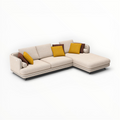 Beige sectional sofa with colorful cushions on a white background