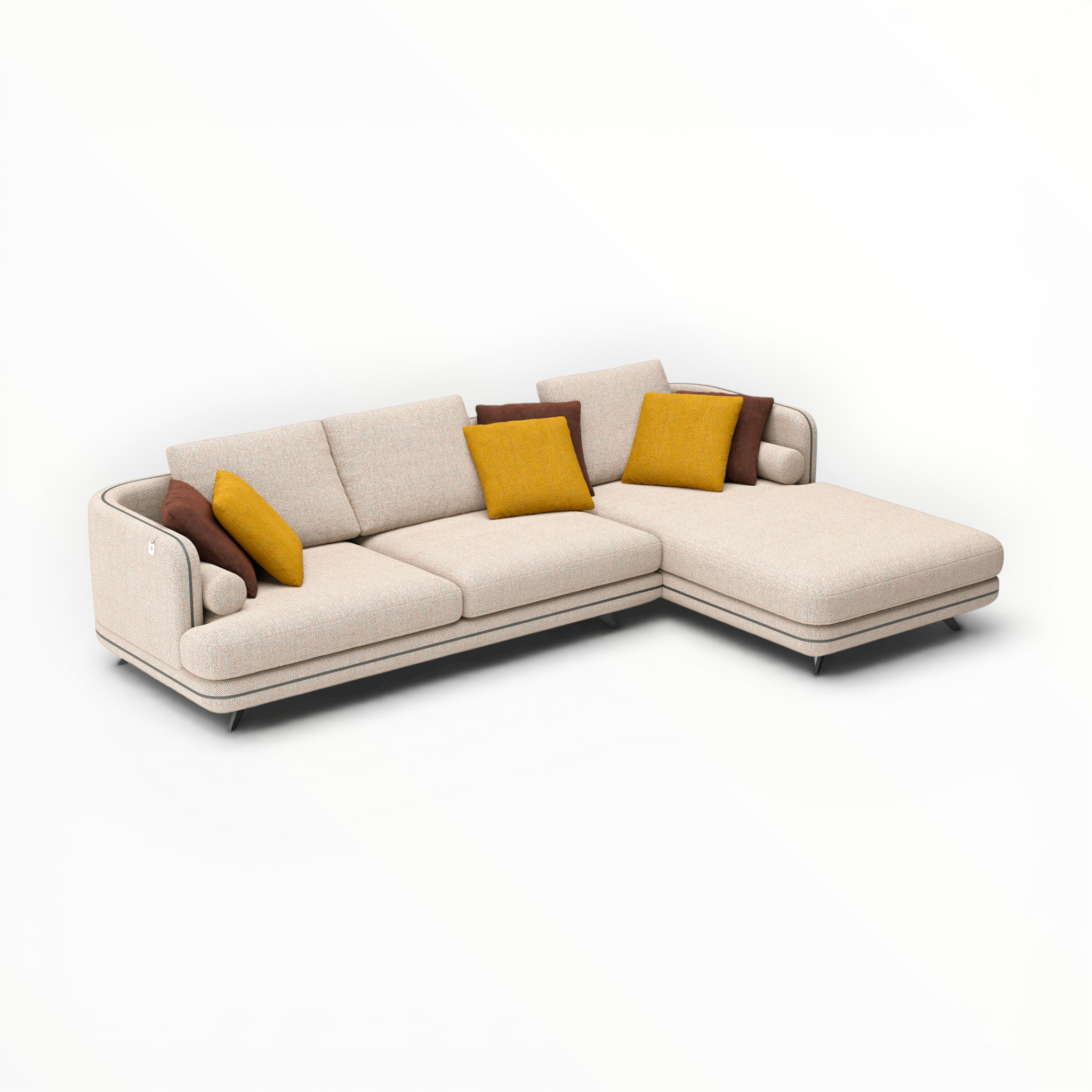 Beige sectional sofa with colorful cushions on a white background